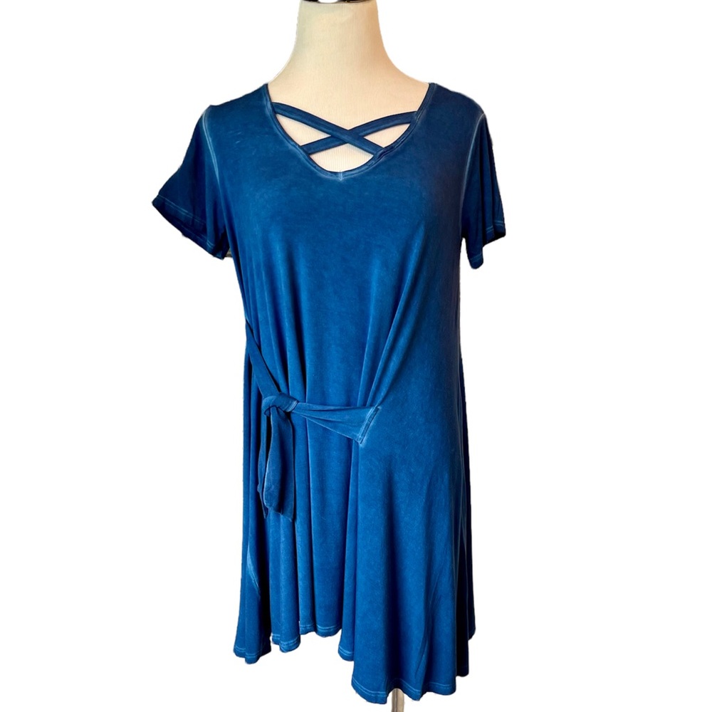 BLUE MINERAL WASHED SHORT SLEEVE DRESS WITH SIDE TIE